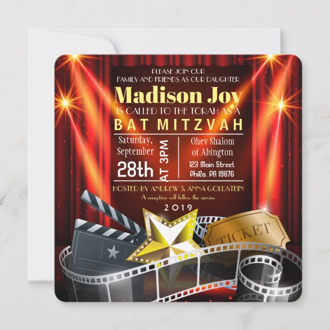 PELÍCULA ESTRELLA HOLLYWOOD Bat Mitzvah Invitación (Anverso)