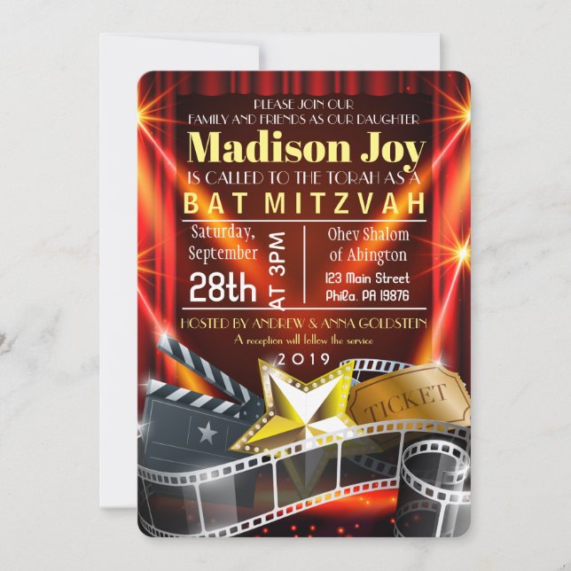 PELÍCULA ESTRELLA HOLLYWOOD Bat Mitzvah Invitación (Anverso)