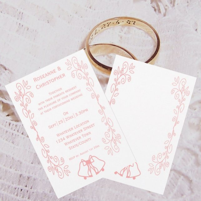 Películas de invitación a la boda rosa (Pink wedding invitation bells and scrollwork design)