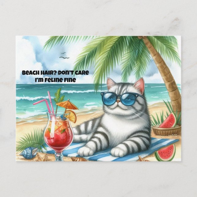 Pelo de playa sin importarme Gato fino Tarjeta pos (Anverso)