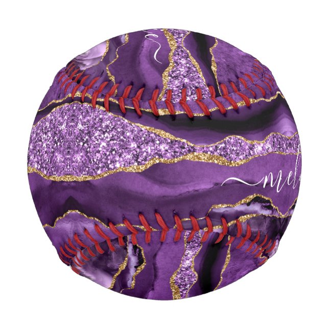 Pelota De Béisbol Agple Violet Gold Purpurina Geode Su Nombre (Anverso)