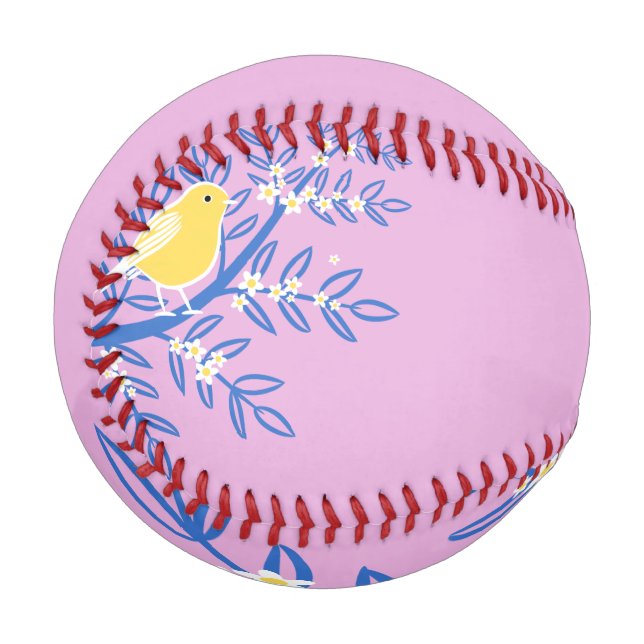 Pelota De Béisbol Ave amarilla ilustrada en un fondo rosado (Anverso izquierdo)