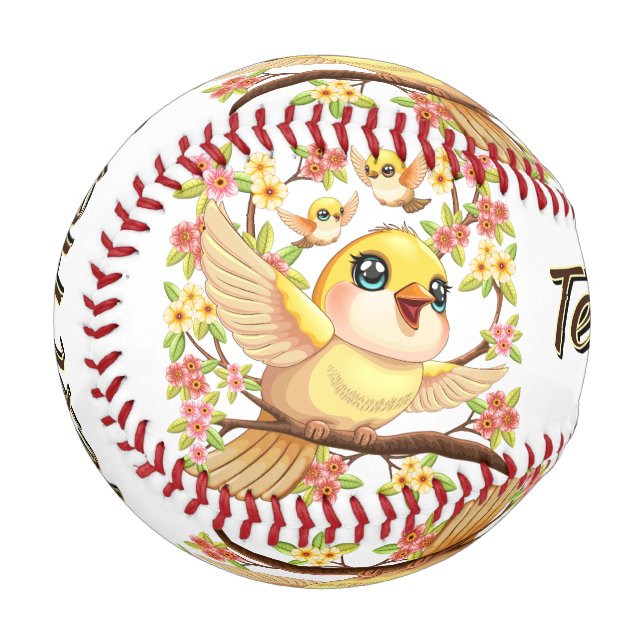 Pelota De Béisbol Aves cortas y felices entre las flores de primaver (Anverso izquierdo)