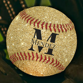 Pelota De Béisbol Béisbol con brillo negro monogramado y oro de 14K