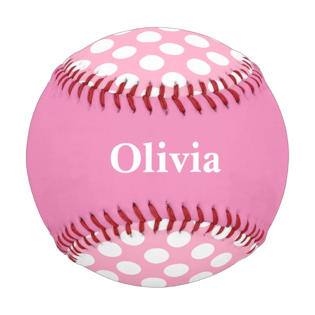 Pelota De Béisbol Béisbol de puntos de polka rosa personalizado (Anverso)