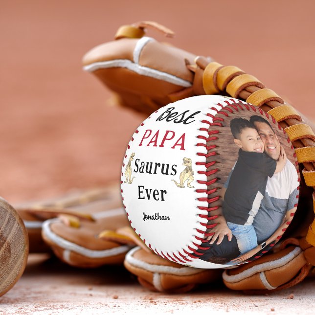 Pelota De Béisbol Best Papa Saurus Ever Personalized Photos (Best papa saurus ever 3 photo collage kids names funny dino personalized baseball keepsake for dad)