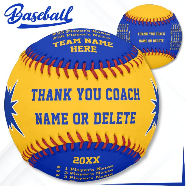 Pelota De Béisbol Blue, Gold Personalizado Ball De Béisbol, Todos Lo (Gift ideas for baseball coaches. All player's names on Blue and Gold, Personalized Baseball. Ball.)