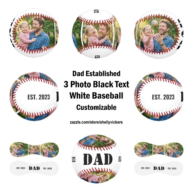 Pelota De Béisbol Dad Established 3 photo Black Text White  (Dad Established 3 photo Bold Black Text on a White  Baseball  Customize the text, year and photos)