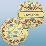 Pelota De Béisbol Dinosaurio divertido personalizado<br><div class="desc">Un montón de divertidos dinosaurios azules,  Tyrannosaurus rex,  Spinosaurus,  Stegosaurus,  Diplodocuments y Triceratops sobre un fondo amarillo soleado. Arte original de Nic Squirrell. Cambie el nombre a personalizar.</div>