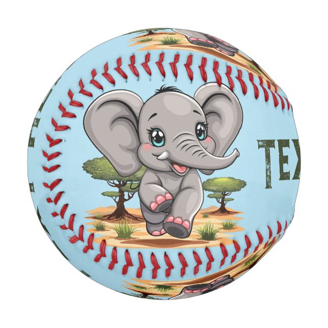 Pelota De Béisbol El bebé elefante salta feliz en la sabana africana (Anverso izquierdo)