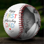 Pelota De Béisbol El Primer Béisbol del Día del Padre<br><div class="desc">Regalo de béisbol personalizado con el texto "feliz padre del primer padre",  un corazón rojo lindo,  y el nombre de los niños. Además de 2 fotos familiares para que puedas personalizar con tu propio para hacer de esto un regalo especial del día de los padres.</div>