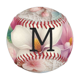 Pelota De Béisbol Encaje de monograma flores de magnolias rosadas pú
