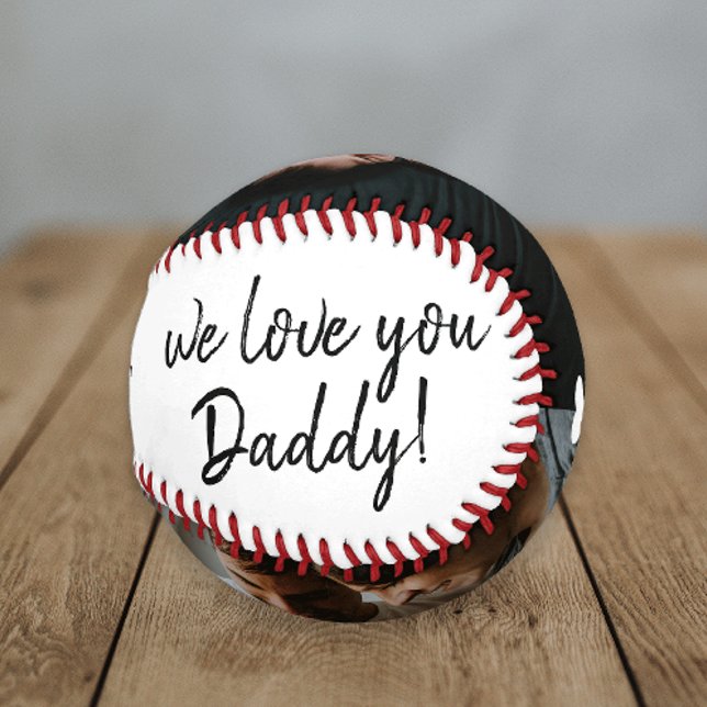 Pelota De Béisbol Escrito a mano te queremos papá 2 Collage de fotos (Great gift for dad with black and white handwritten we love you daddy and 2 photo collage.)