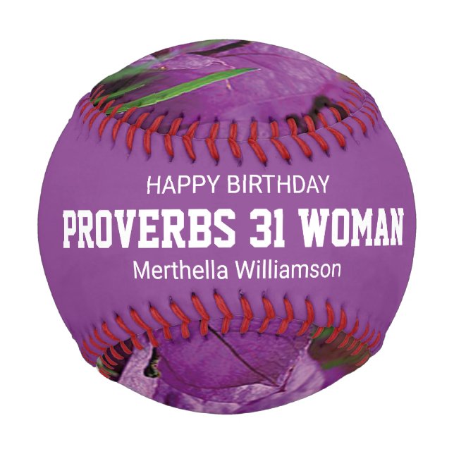 Pelota De Béisbol Feliz cumpleaños PROVERBS 31 Personalizado Purple  (Anverso)