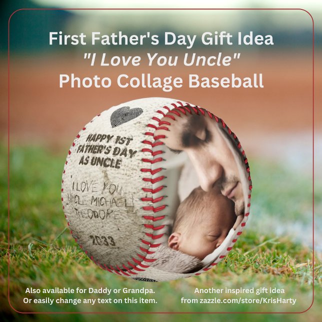 Pelota De Béisbol Feliz Día del Padre, tío Collage de fotos Keepsake (Happy First Father's Day as Uncle I Love You Uncle [NAME] 2 Photo Collage Faux Scruffed Up Baseball )