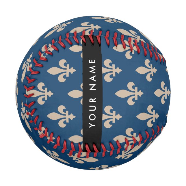 Pelota De Béisbol Fleur de Lis, Beige on Navy Blue, Royal, Your Name (Anverso izquierdo)