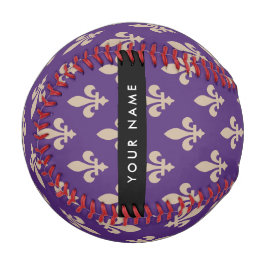 Pelota De Béisbol Fleur de Lis, Beige on Purple, Royal, Your Name