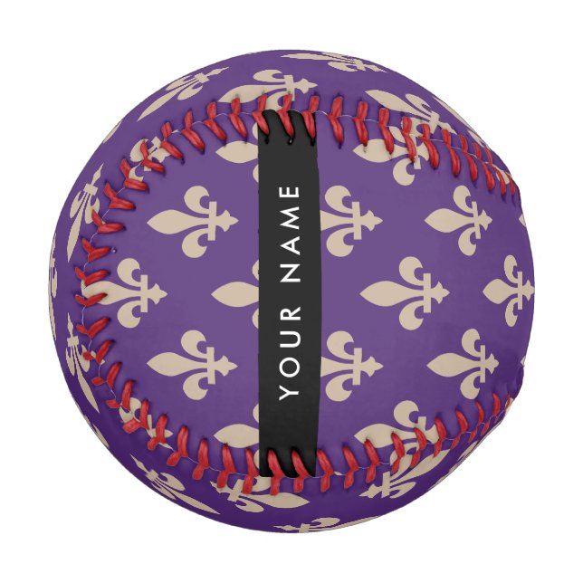 Pelota De Béisbol Fleur de Lis, Beige on Purple, Royal, Your Name (Anverso izquierdo)