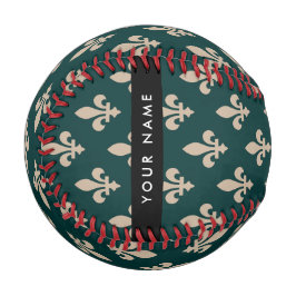 Pelota De Béisbol Fleur de Lis, beige sobre verde, real, tu nombre