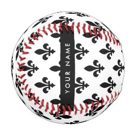 Pelota De Béisbol Fleur de Lis, Black on White, Black, Your Name