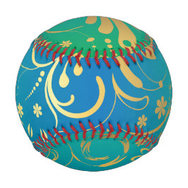 Pelota De Béisbol Floral Dorado sobre Fondo Gradiente Verde y Azul
