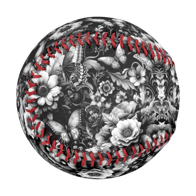 Pelota De Béisbol Floral monocromática antigua con mariposas (Anverso izquierdo)