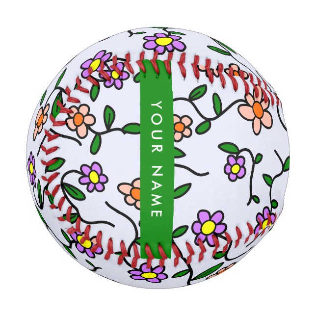 Pelota De Béisbol Flores Coloridas, Fondo Azul, Verde (Anverso izquierdo)