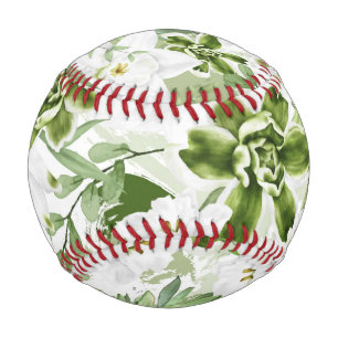 Pelota De Béisbol Flores de acuarela blanca 2
