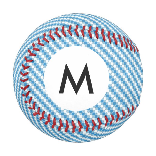 Pelota De Béisbol Fondo de cuadrados azul-blanco monogramo (Anverso izquierdo)