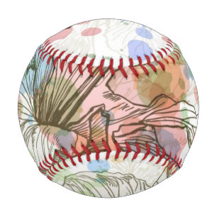 Pelota De Béisbol Fondo de flores y acuarelas de Hibiscus