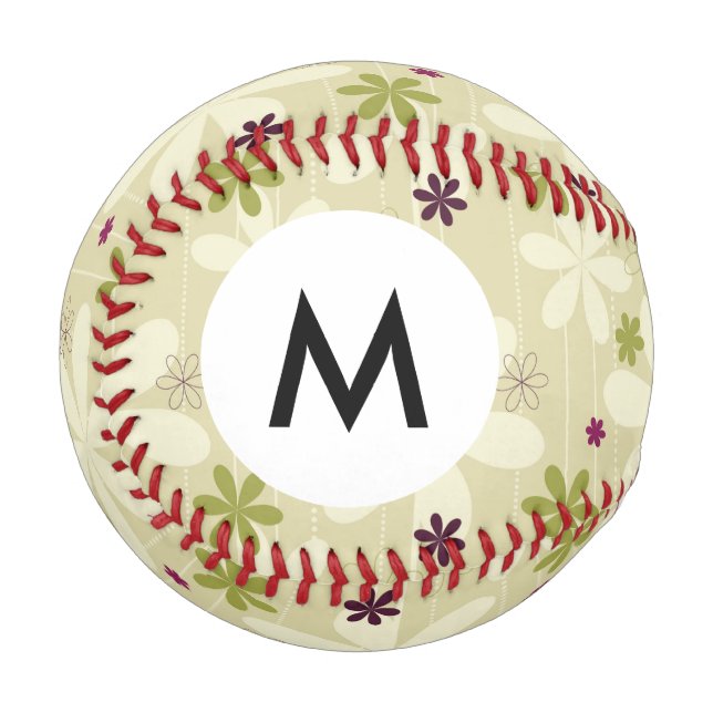 Pelota De Béisbol Fondo floral retro monograma (Anverso izquierdo)