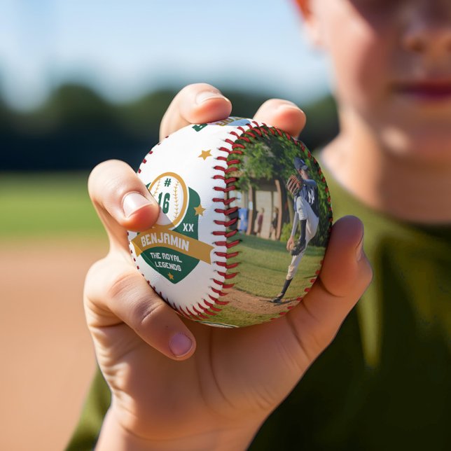 Pelota De Béisbol Fun Personalizado Jugador Nombre y Fotomanía Númer (Fun Custom Player Name & Number Two Photo Sporty Baseball)