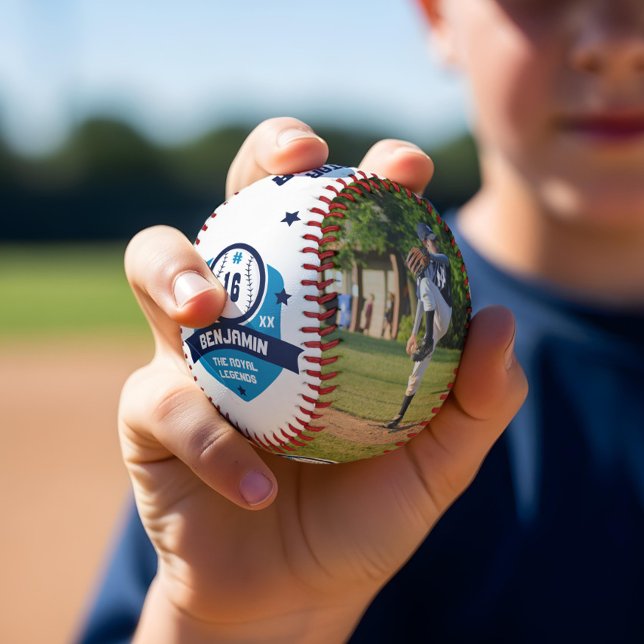 Pelota De Béisbol Fun Personalizado Jugador Nombre y Fotomanía Númer (Fun Custom Player Name & Number Two Photo Sporty Baseball)