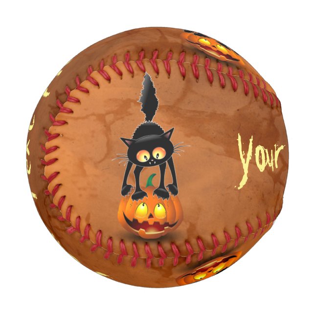 Pelota De Béisbol Gato Personalizado asustado de Halloween en calaba (Anverso izquierdo)