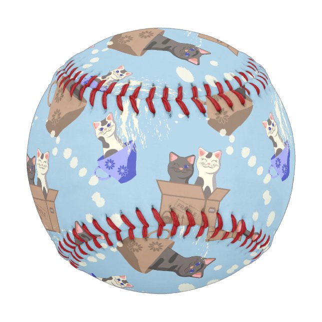 Pelota De Béisbol Gatos en caja y gotas de leche en azul (Anverso)