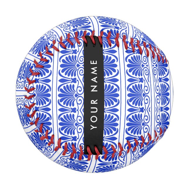 Pelota De Béisbol Griego Fret Arabesque Blue, Tu Nombre, Personaliza (Anverso izquierdo)