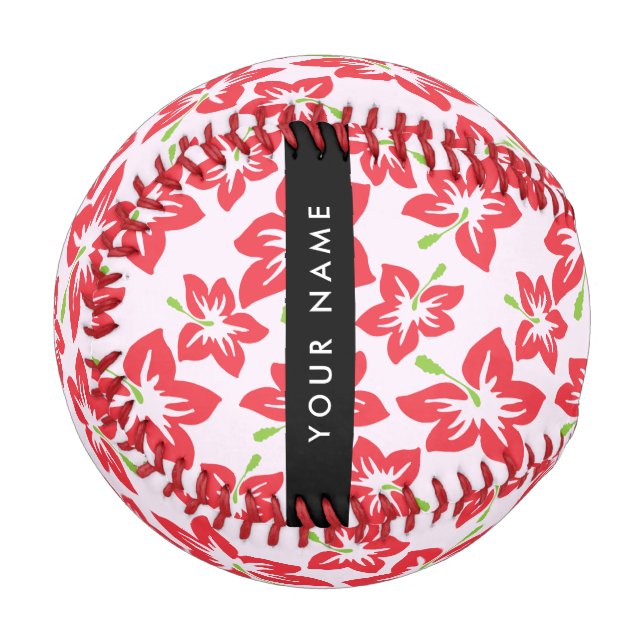 Pelota De Béisbol Hibiscus Rojo, Flores Rojas, tu nombre (Anverso izquierdo)