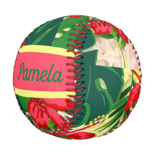 Pelota De Béisbol Hojas tropicales y flores