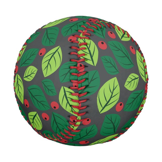 Pelota De Béisbol Hojas verdes, bayas rojas, patrón de hojas (Angular)
