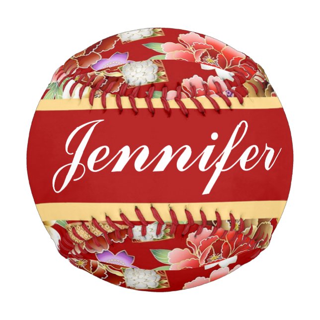 Pelota De Béisbol Impresión floral japonesa en rojo (Anverso)