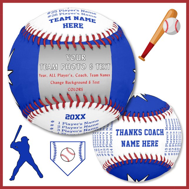 Pelota De Béisbol Jugadores, equipo, entrenadores Nombres de béisbol (Best end of the baseball season gifts to coaches. Personalized Baseball. Blue and White Baseball.)