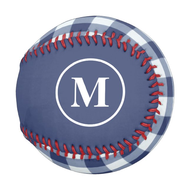 Pelota De Béisbol Marina de Monograma Azul Gingham (Anverso derecho)