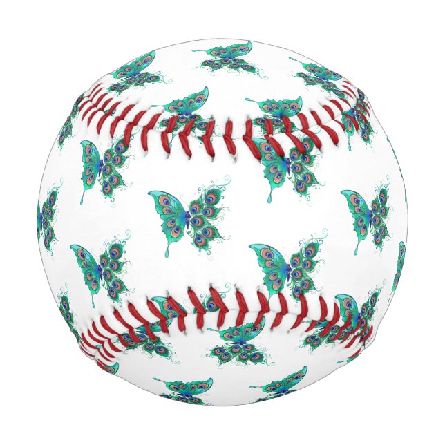 Pelota De Béisbol Mariposa con plumas de pavo real verde (Anverso)