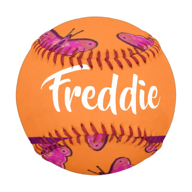Pelota De Béisbol Mariposas rosas y púrpuras en el naranja (Anverso)