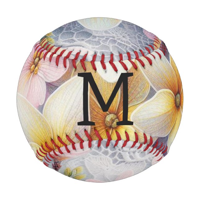 Pelota De Béisbol Monogram lace pink and yellow Spring flowers  (Anverso)