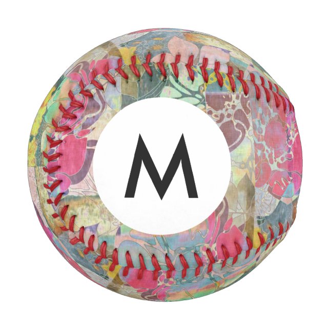 Pelota De Béisbol Monograma Arte patrón grungo floral (Anverso izquierdo)