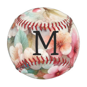 Pelota De Béisbol Monograma de acuarela floral de flores de cerezo r
