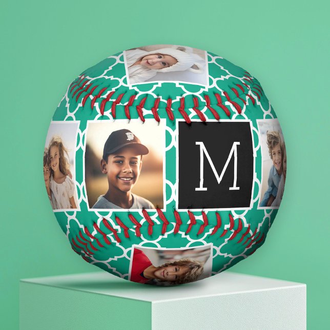 Pelota De Béisbol Monograma de Collage de fotos Esmeralda y Negro en (Custom Photo Baseball)