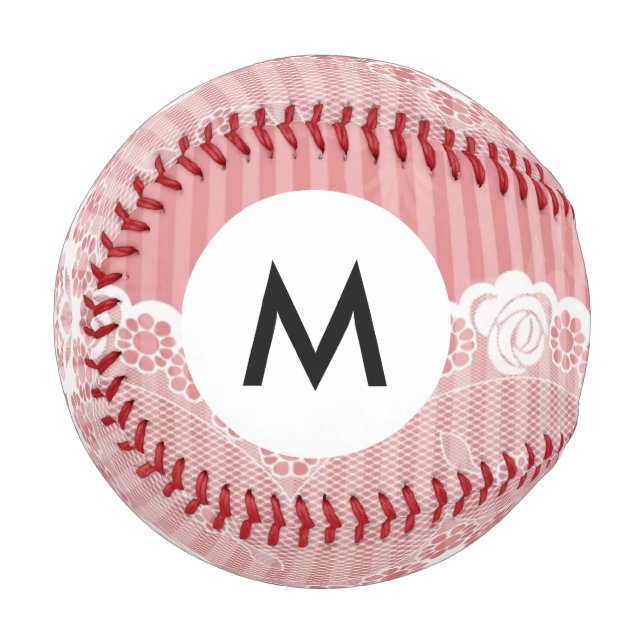 Pelota De Béisbol Monograma Fondo rosa y blanco con encaje negro (Anverso izquierdo)