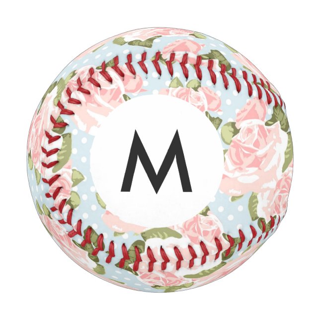 Pelota De Béisbol Monograma Hermoso patrón rosa con puntos azules (Anverso izquierdo)